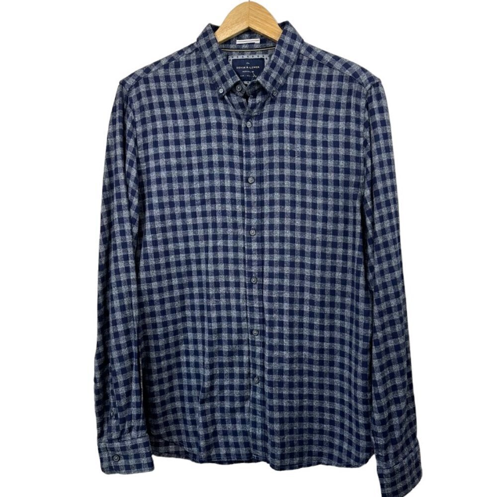 Denim & Flower Men’s Navy Plaid Flannel Button Down Shirt, M